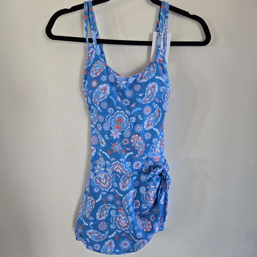 One Piece Blue Floral Paisley Skirted Swimsuit Size Small  NWT